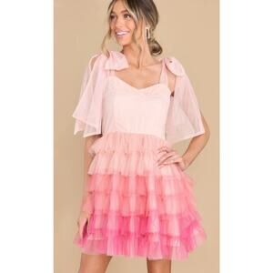 Aura Pink Valentine Tulle Ruffle Tiered Shoulder Bows Mini Party Dress XS